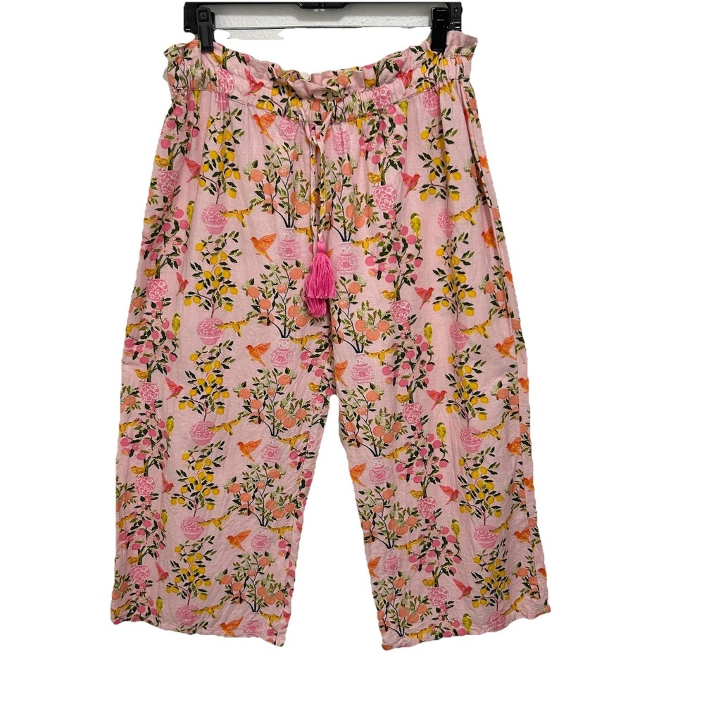 Elizabeth Wilson Pink Birds / Floral Wide Leg Pants Sz M Ruffle Hem Cottagecore